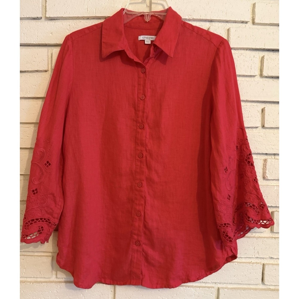 Chico's 0 Women's Sm. Vivid Red 100% Linen Embroidered Eyelet Sleeve Top